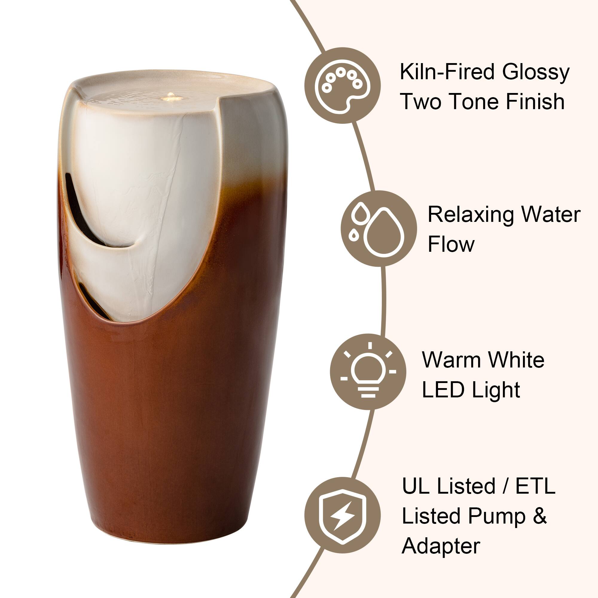 Glitzhome® 29.25" LED Sand Beige & Brown Ceramic Pot Outdoor Floor Fountain